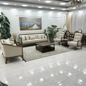 مبل کلاسیک اطلس 7 نفره به رنگ کرمی و باطراحی شیک و با کیفیت